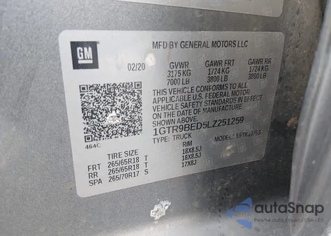 2020 GMC Sierra 1500 4Wd Standard Box Sle z USA, uszkodzony, nr VIN 1GTR9BED5LZ251259